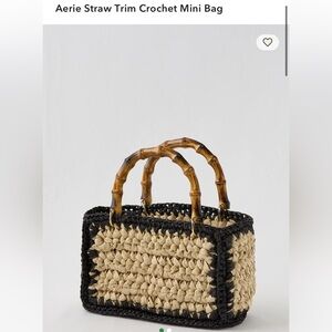 Aerie Straw Trim Crochet Mini Bag Bamboo Handles Summer Tote